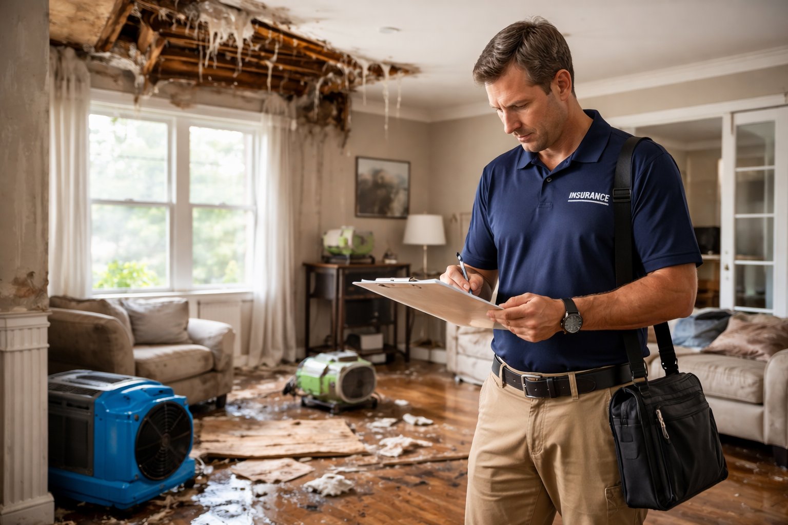 Insurance claims assistance restoration services with adjuster documenting water damage inside home