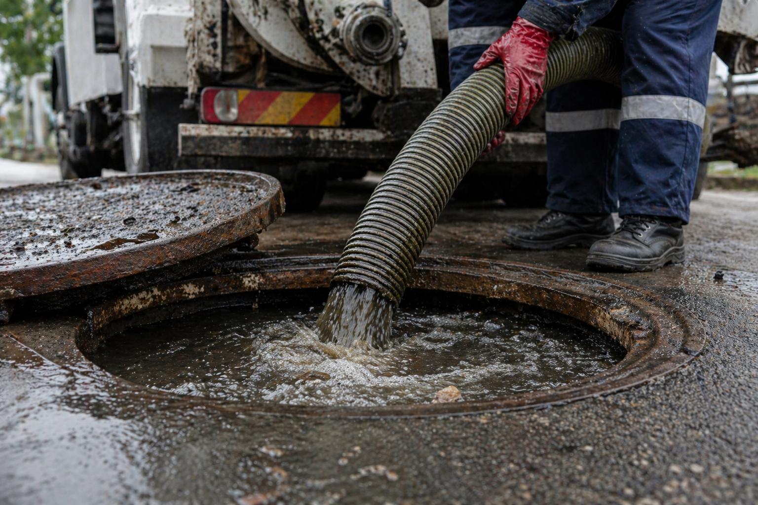 Sewage cleanup worker extracting wastewater from an open manhole using industrial vacuum hose