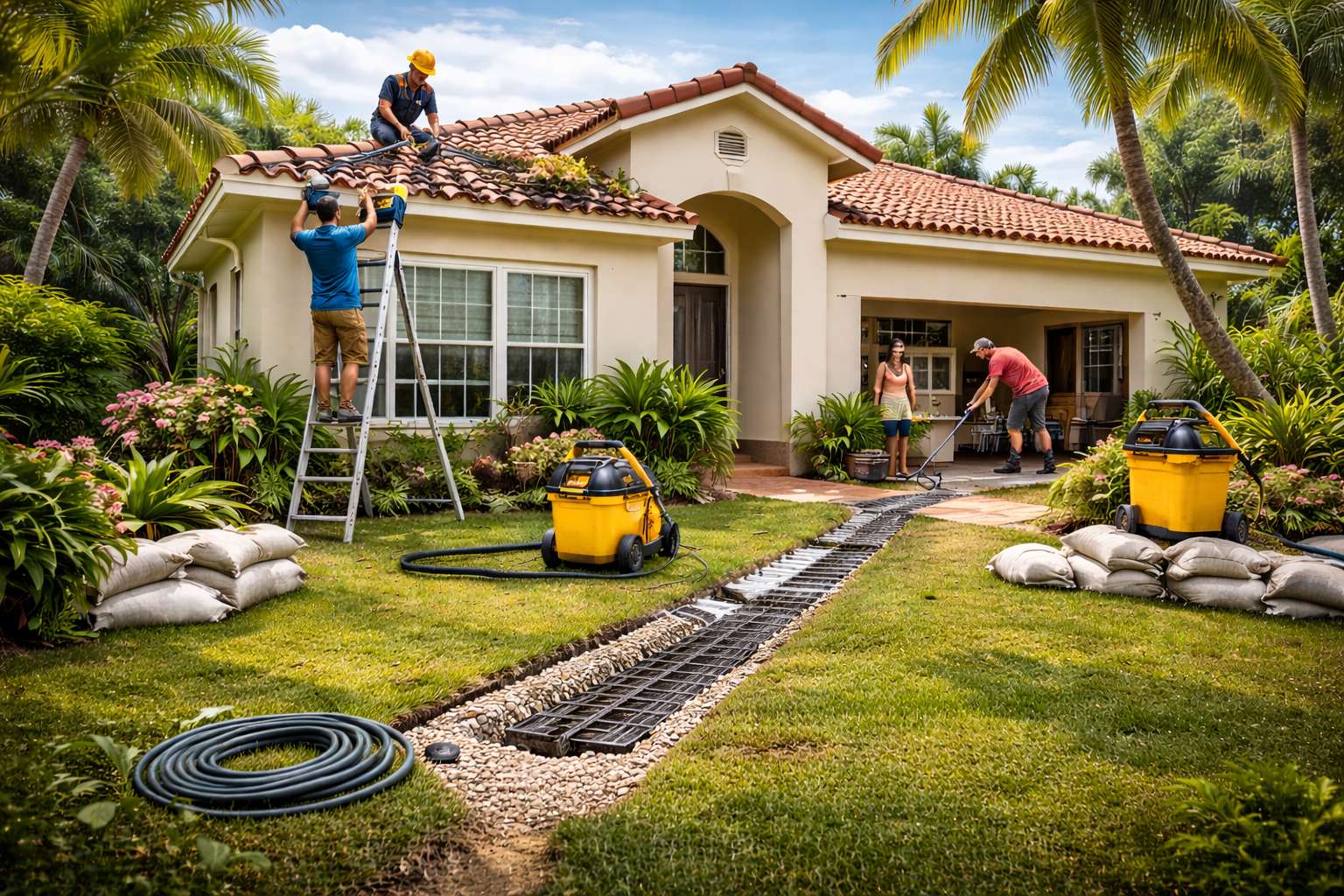 Water damage prevention Miami home maintenance showing roof inspection, drainage, and exterior upkeep