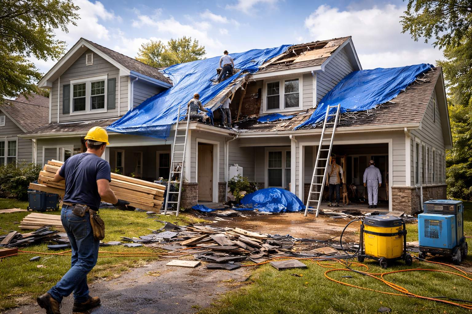 Storm damage repair in progress with workers fixing roof and securing home after severe weather