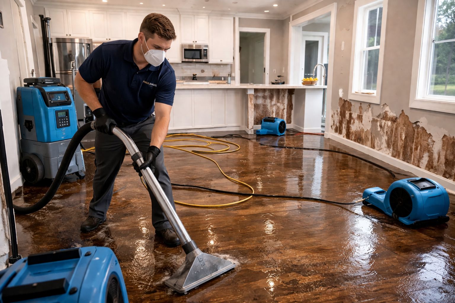Water damage restoration process with technician extracting water and drying flooded home interior