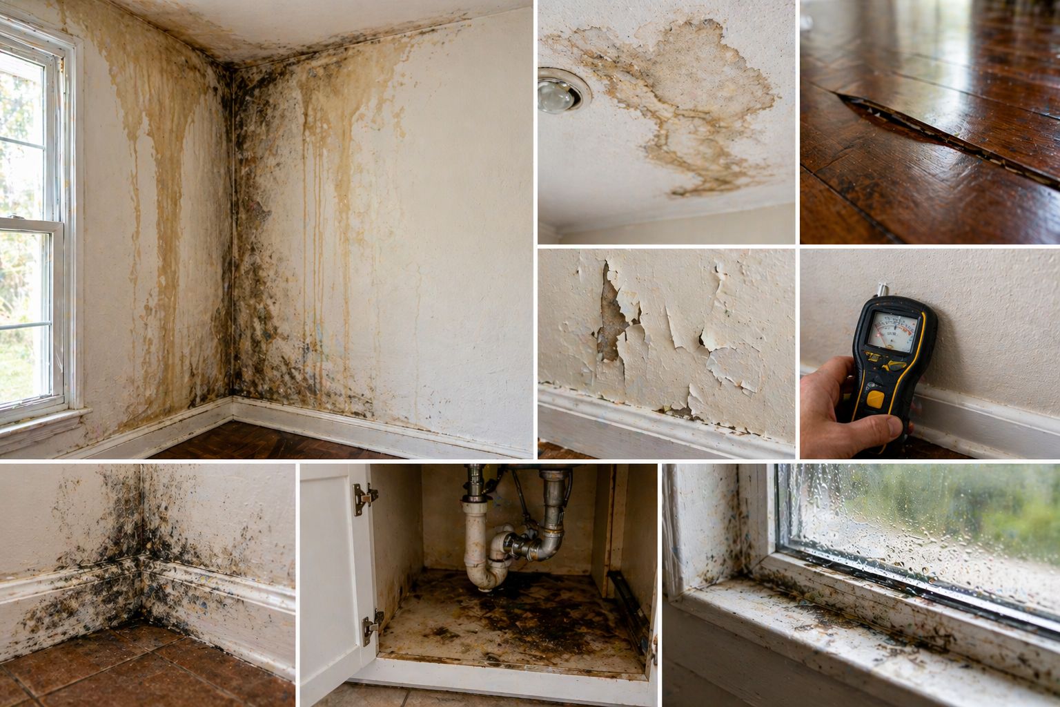 Signs of hidden water damage including mold growth, wall stains, peeling paint, and warped flooring inside home