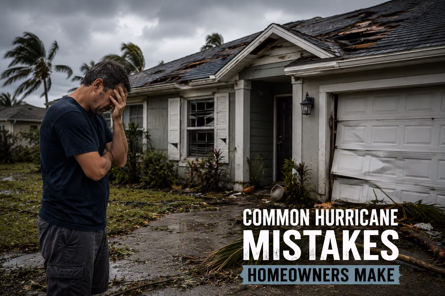 Common Hurricane Mistakes Homeowners Make — confused and distressed homeowner looking at a slightly damaged house after a hurricane, with roof damage, scattered debris, and storm clouds highlighting the consequences of poor hurricane preparedness.