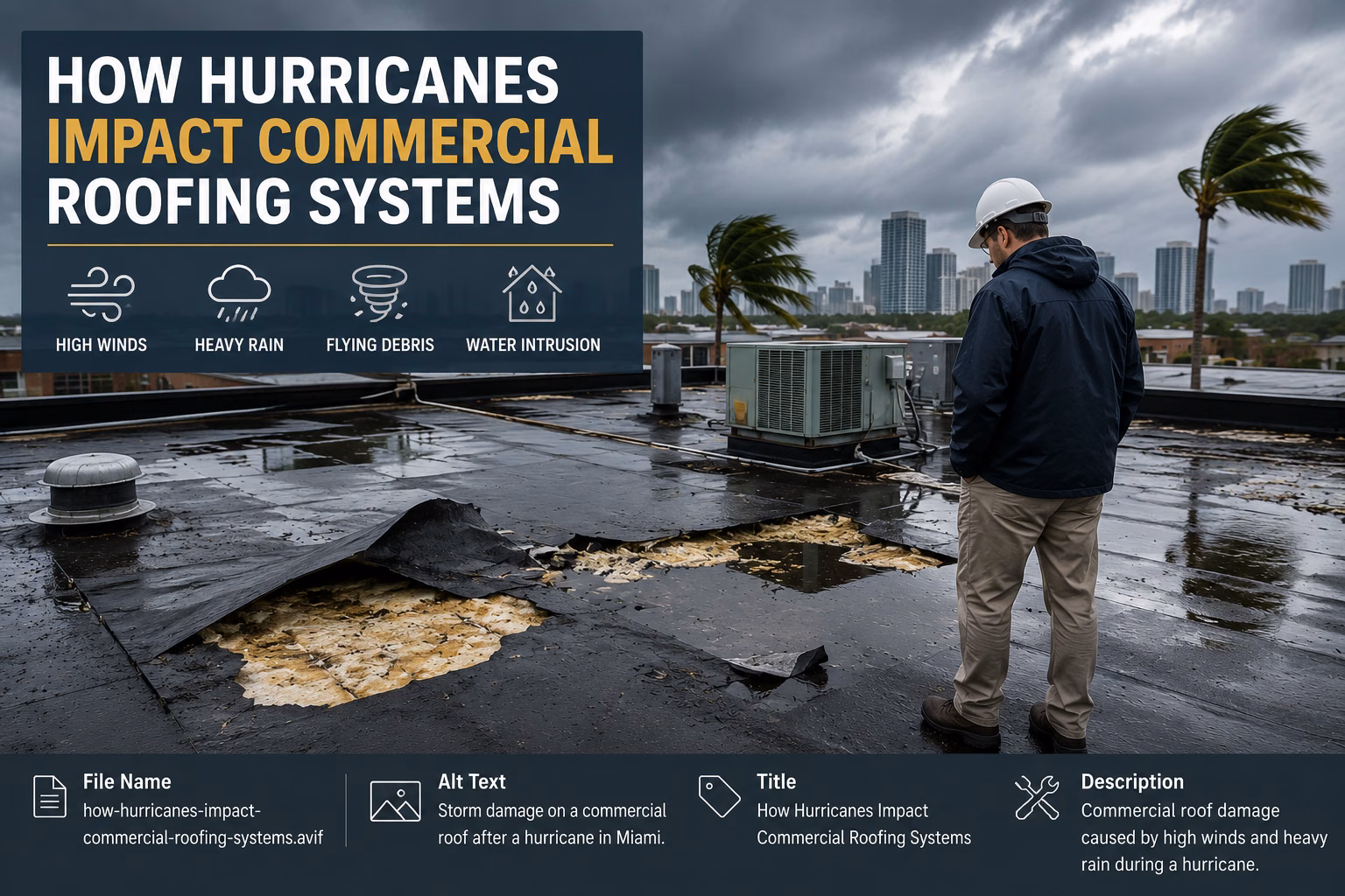 Storm damage to a commercial roofing system after a hurricane in Miami-Dade County