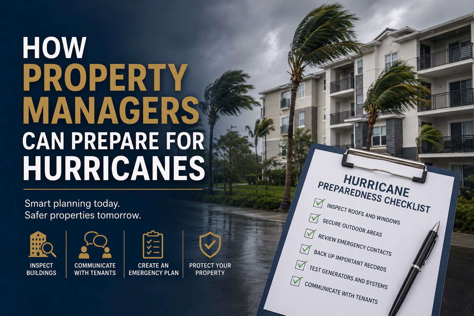 Property manager preparing an apartment building for hurricane season in Miami-Dade County
