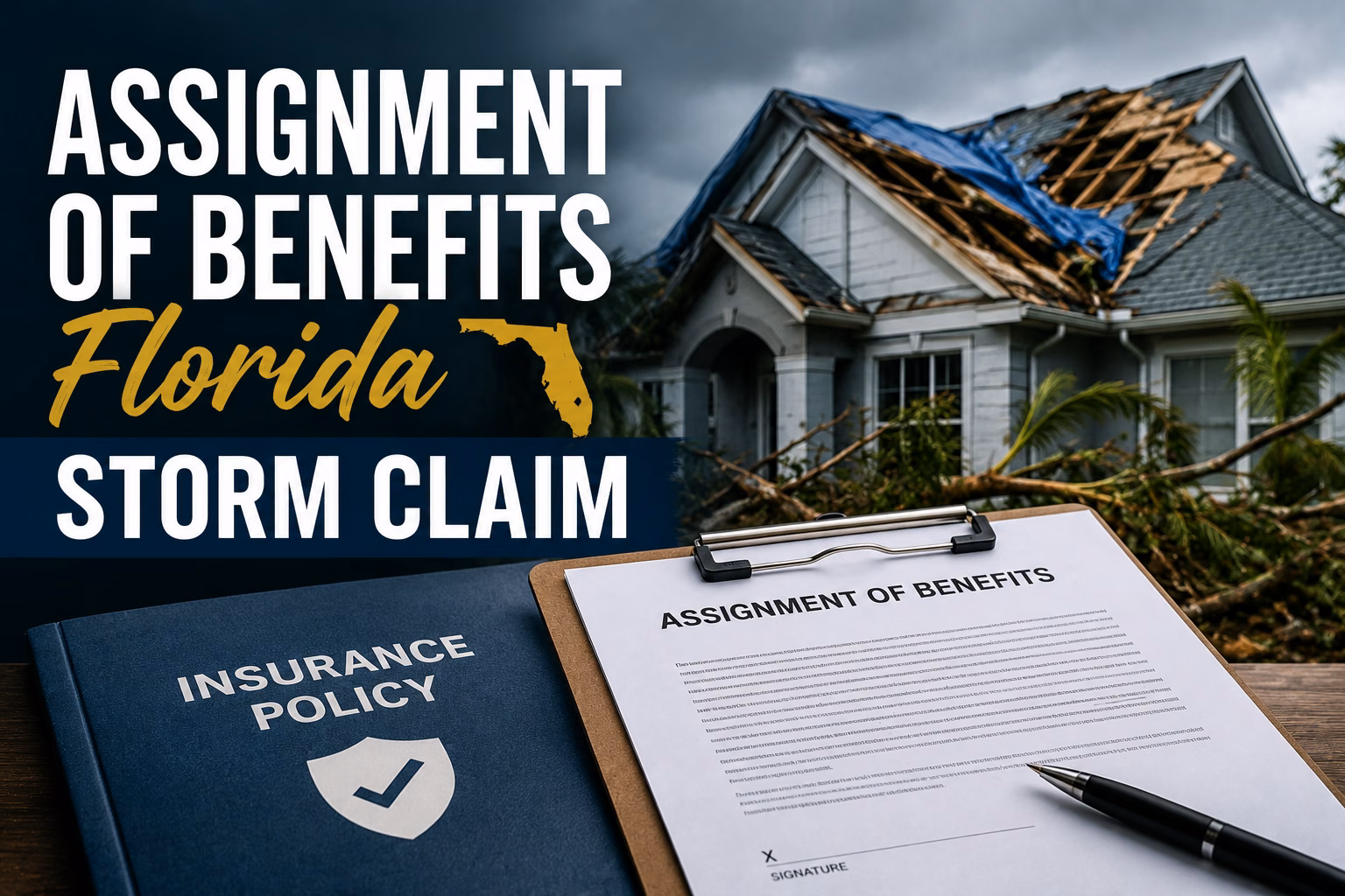 Assignment of Benefits Florida Storm Claim with a hurricane-damaged home, insurance paperwork, and an assignment of benefits form for property damage claims in Florida.