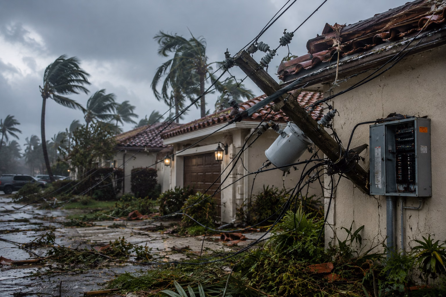 Hurricane damage to a South Florida home's electrical system with a fallen utility pole, exposed electrical panel, downed power lines, roof damage, and storm debris after severe winds and heavy rain.