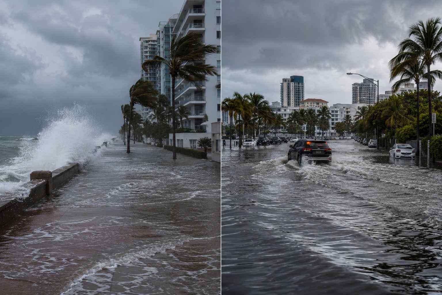 Realistic comparison of storm surge and inland flooding in Miami Beach, showing powerful ocean waves overtopping the shoreline on one side and flooded city streets with vehicles driving through standing water on the other under dark storm clouds.